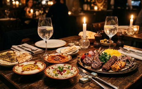 Warm mezze and charcoal grill spread - comfort food in Dubai at Adam Restaurant and Cafe