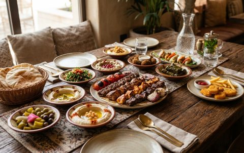 Family-friendly restaurant in Dubai spread of mezze, charcoal grill kebabs, and a kids plate of nuggets