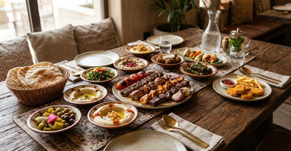 Family-friendly restaurant in Dubai spread of mezze, charcoal grill kebabs, and a kids plate of nuggets