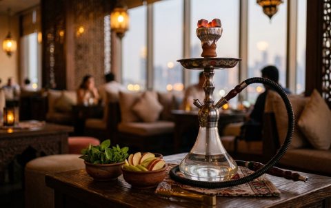 Shisha flavors in Dubai - shisha pipe with mint and apple in a warm lounge
