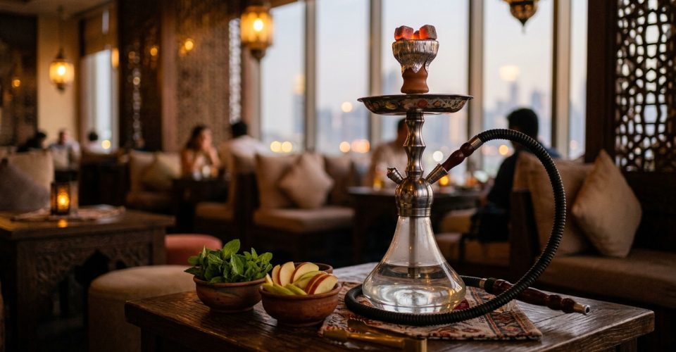 Shisha flavors in Dubai - shisha pipe with mint and apple in a warm lounge